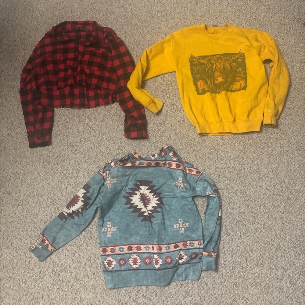 Red Plaid Jacket, Yellow Graphic Sweatshirt, Blue Patterned Jacket